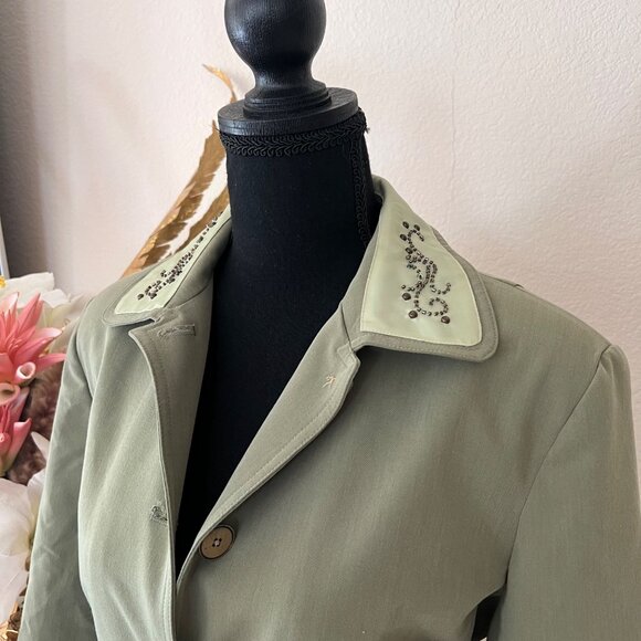 Bob Mackie Vintage Sage Green Blazer with Brown Beaded Collar Size 12 - Picture 2 of 11